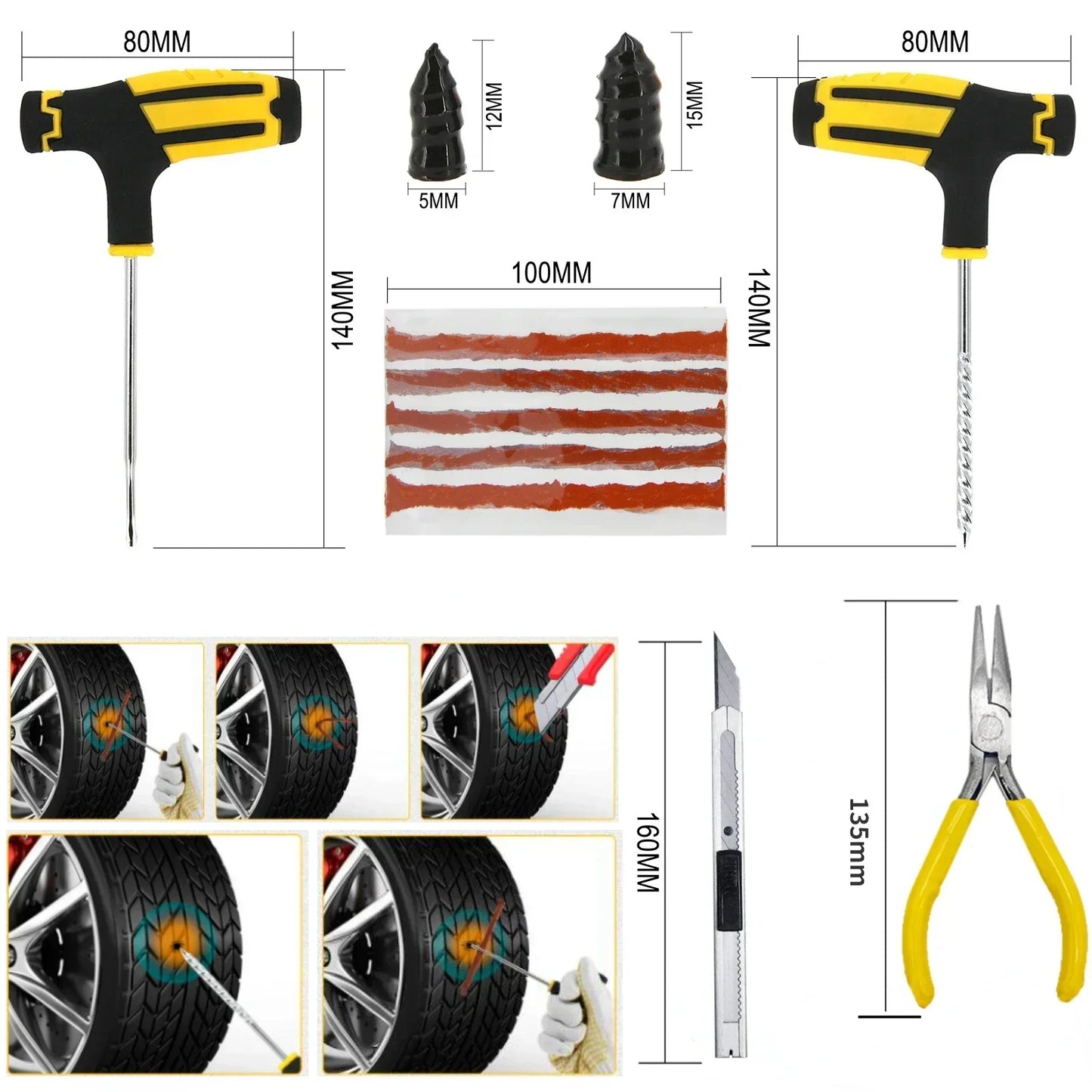 Car Tire Repair Kit with Puncture Plugs and Glue